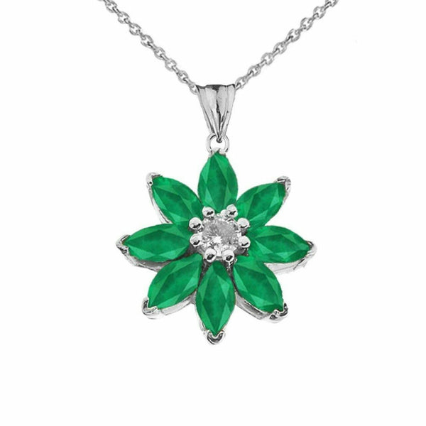 Solid 14k White Gold Genuine Emerald and Diamond Daisy Pendant Necklace
