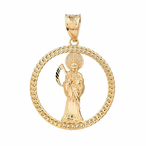 14k Yellow Gold Rope Frame Diamond Cut Santa Muerte Circle Pendant Necklace