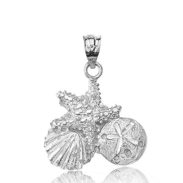 925 Sterling Silver Diamond Cut Starfish, Clam & Sand Dollar Pendant Necklace