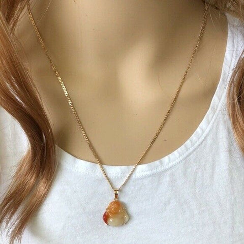 18K Solid Gold Happy Laughing Buddha Natural Red Jade Pendant -600 Small kids sz