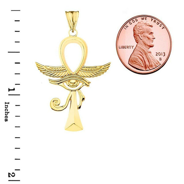 10k Solid Yellow Gold Ankh With Eye of Horus Pendant Necklace