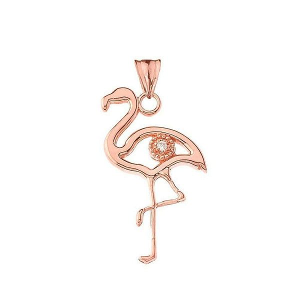 10k Solid Rose Gold Diamond Flamingo Pendant Necklace
