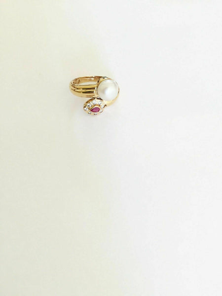 14K Solid Yellow Gold Pearl and Ruby Women Ring size 4.5