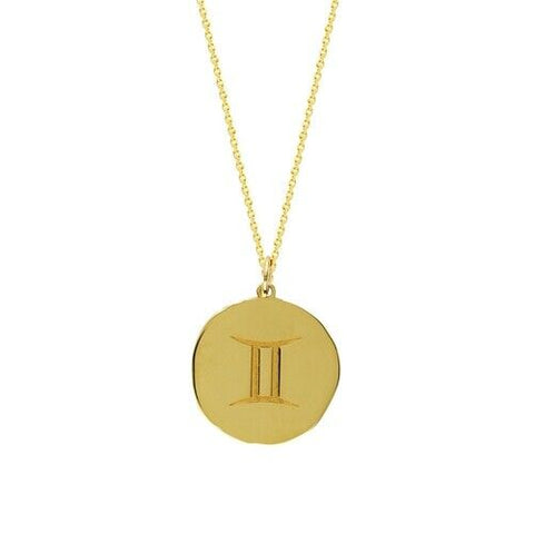 14K Solid Yellow Gold Organic Disk Engraved Gemini Zodiac Pendant Necklace