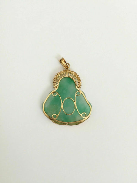 14K Solid Gold Happy Laughing Male Buddha Jade Religious Pendant