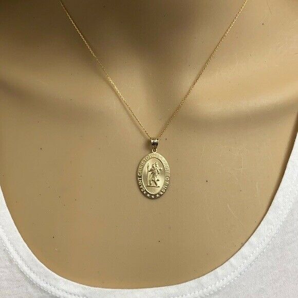 14K Solid Yellow Gold St. Saint Christopher "Protect Us"  Pendant Necklace