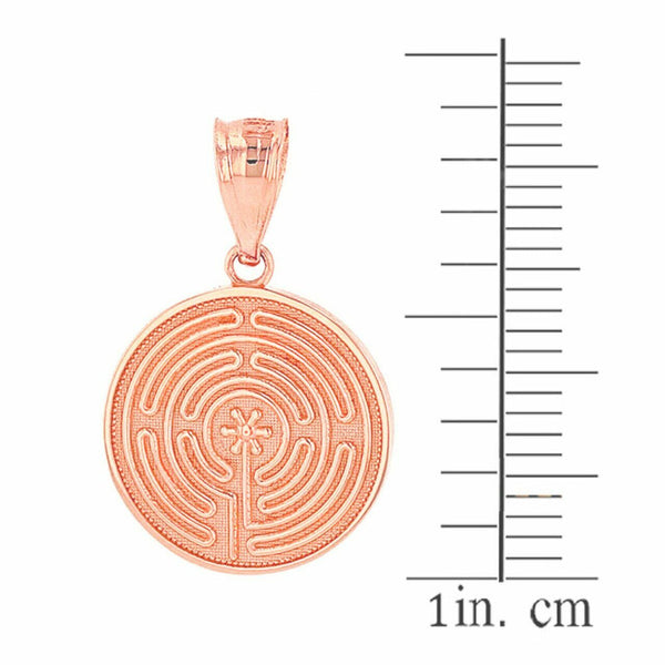 Solid 14k Rose Gold Maze Chartres Labyrinth Disc Medallion Pendant Necklace