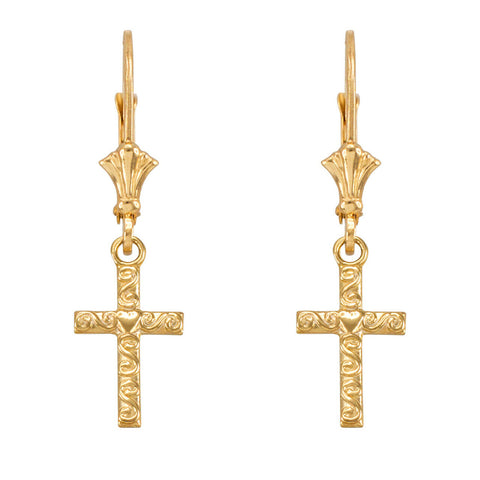 14k Yellow Gold Swirl Twirl Design Heart Cross Drop / Dangle Leverback Earrings