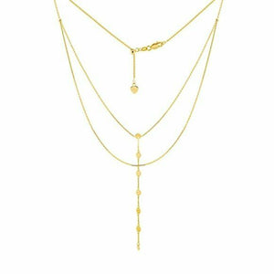 14K Solid Yellow Gold Double Strand Disk/Dics Layer Choker Necklace 17" adjust