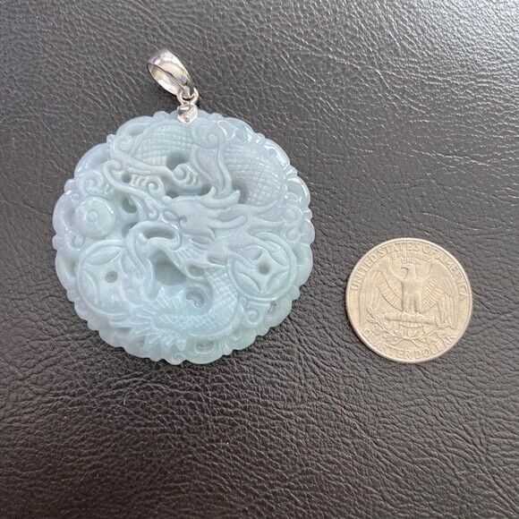 925 Sterling Silver Carving Jade Dragon Large Pendant Necklace