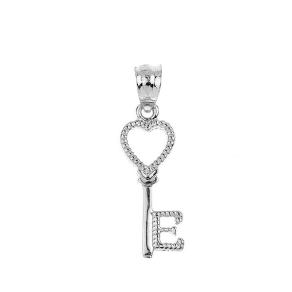 14k Real White Gold Open Love Heart Key Letter E Pendant Necklace Valentine's