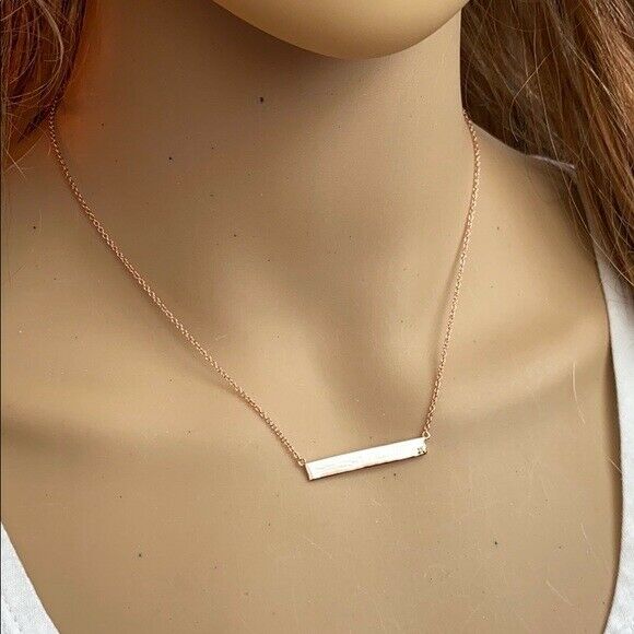 Sterling Silver Rose Gold Horizontal Bar Geometric Diamond Necklace Minimalist