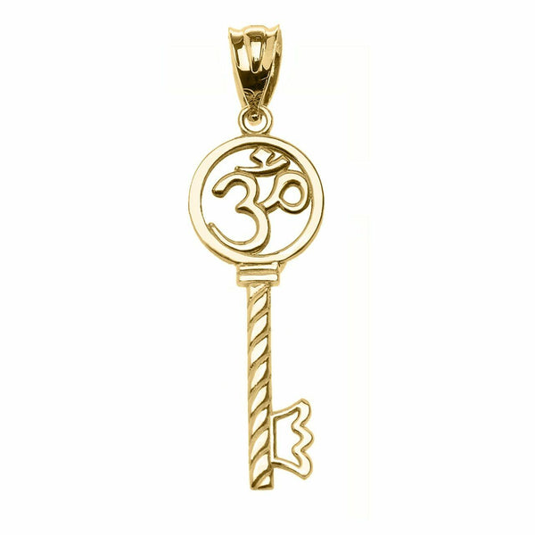 14k Solid Yellow Gold Om/Ohm Key Crown Pendant Necklace Yoga and Meditation