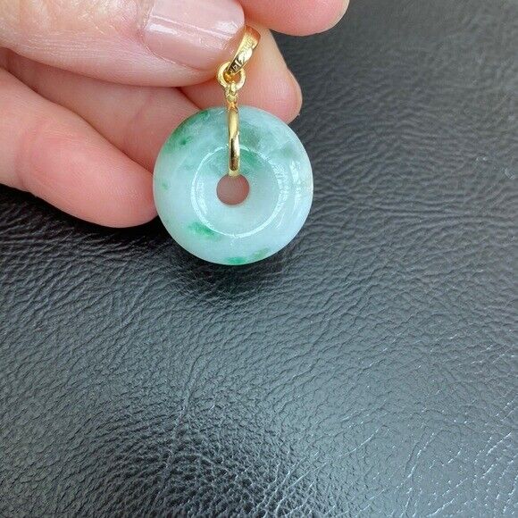 14K Solid Yellow Gold Small Round Donut Natural Jade Pendant Necklace