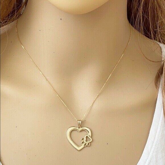 Solid 10k Yellow Gold Heart Paw Print Pendant Necklace 16" 18" 20" 22"