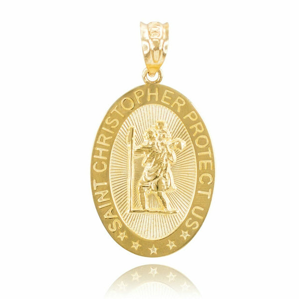 10k Solid Real Yellow Gold St. Saint Christopher "Protect Us"  Pendant Necklace