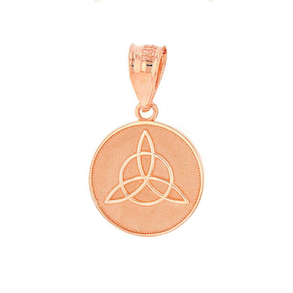 10k Solid Rose Gold Triquetra Irish Celtic Disc Circle Pendant Necklace