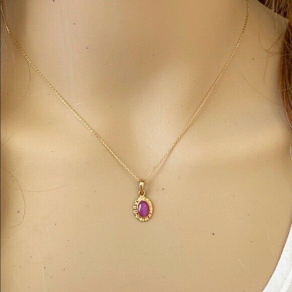 14K Solid Yellow Gold Mini Oval Pink Star Pendant Dainty Necklace Adjustable