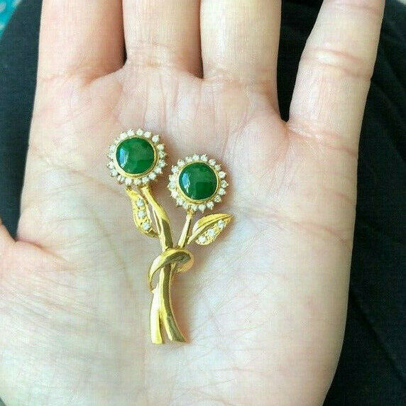 NWT 14K Solid Yellow Gold Flower Roound Green Jade Brooch Pin