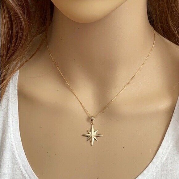 14K Solid Yellow Gold North Star Pendant Charm Necklace 16" 18" 20" 22"