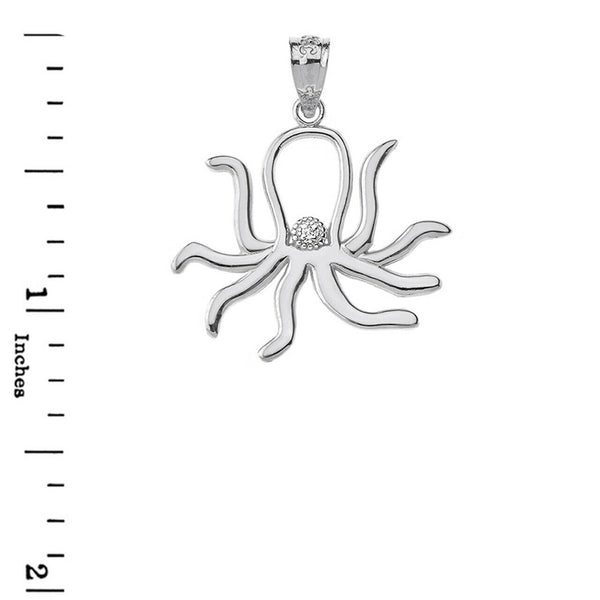 925 Sterling Silver Octopus Outline CZ Pendant Necklace