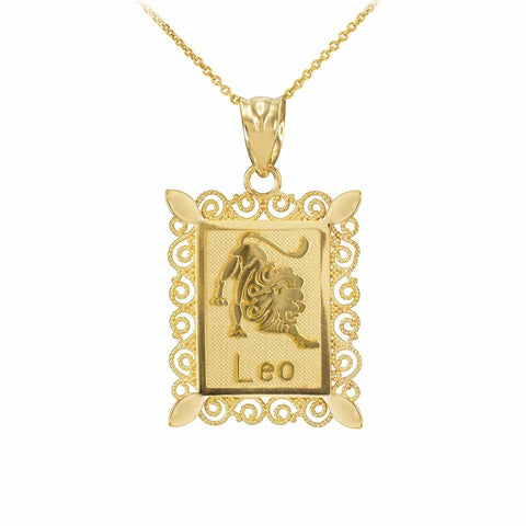 14k Solid Gold Leo Zodiac Sign Filigree Rectangular Pendant Necklace