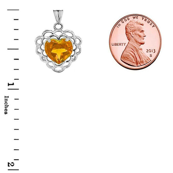 10k 14k Solid Gold Citrine Filigree Heart November Birthstone Pendant Necklace