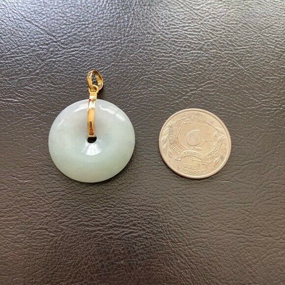 14K Solid Fine Real Yellow Gold Round Donut Natural Jadeite Jade Pendant