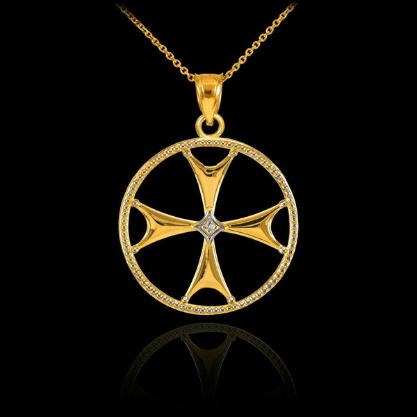 10k Solid Yellow Gold Diamond Maltese Cross Pendant Necklace 16" 18" 20" 22"