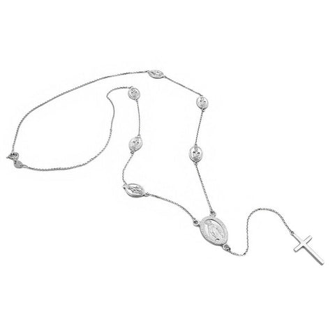 Sterling Silver 925 Rhodium Plated Religious Charms Necklace with Cross Drop 18"