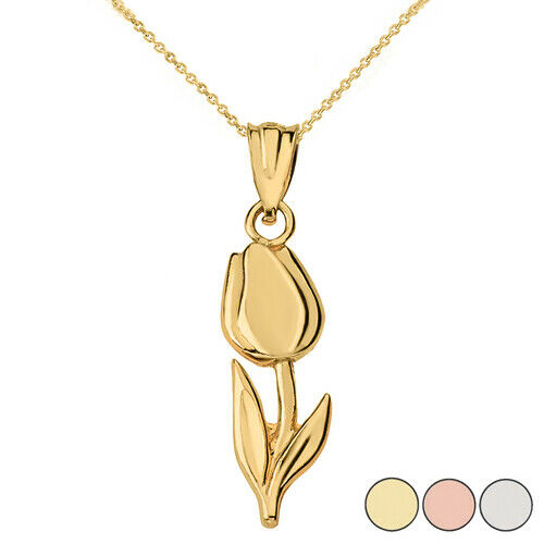 14k Solid Gold Diamond Cut Tulip Pendant Necklace (Yellow, Rose, White Gold)