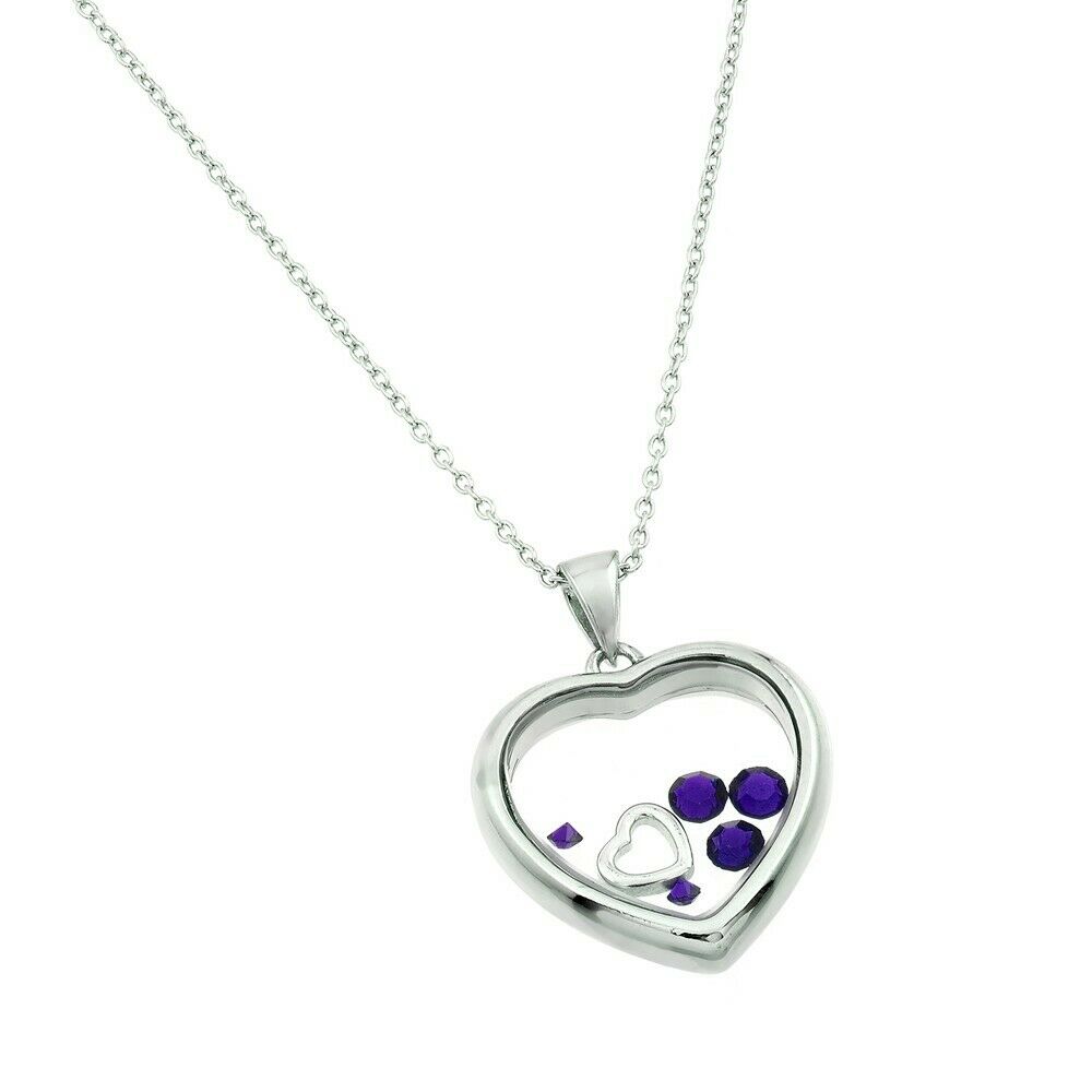 Sterling Silver Rhodium Birthstone Heart Pendant Necklace - February Amethyst