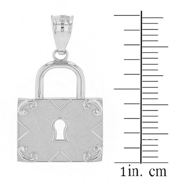 14K Solid Gold Swirl Rectangle Keyhole Padlock Pendant Necklace