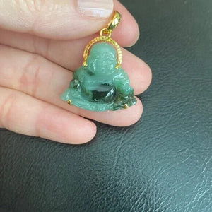 14K Real Gold Natural Jadeite Jade Happy Laughing Buddha Pendant Male Small
