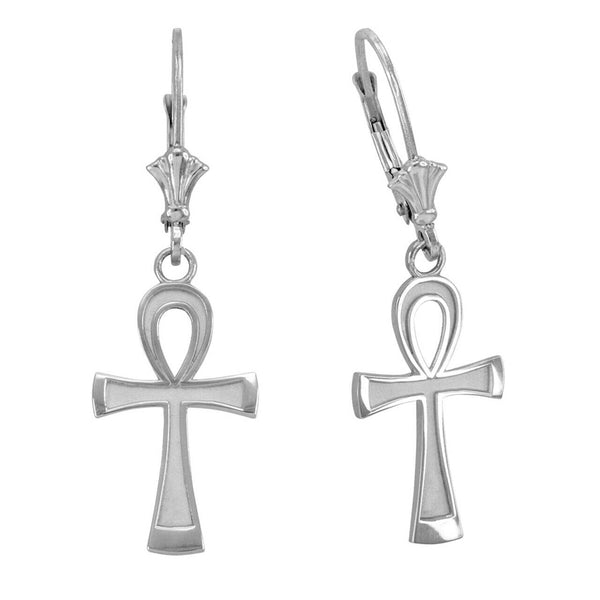 14k White Gold Ancient Egyptian Ankh Cross Drop / Dangle Leverback Earrings
