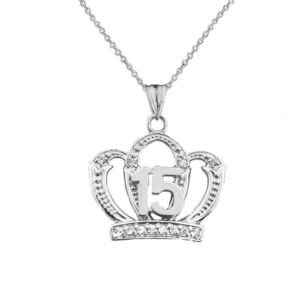.925 Sterling Silver Quinceanera Sweet 15 Anos Princess Crown Pendant Necklace