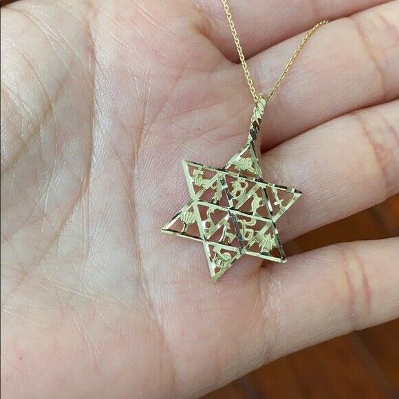 14k Yellow Gold Jewish Star of David Charm 12 Tribes of Israel Pendant Necklace