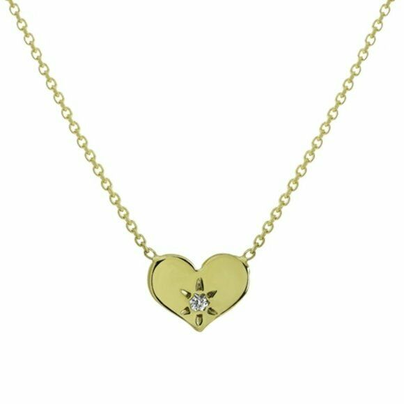 14K Solid Yellow Gold Mini Diamond Heart Necklace 16"-18" Adjustable