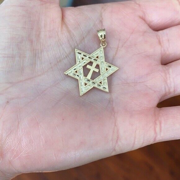 Solid 10k White Gold Jewish Star of David Cross Pendant Necklace Medium 1.25"