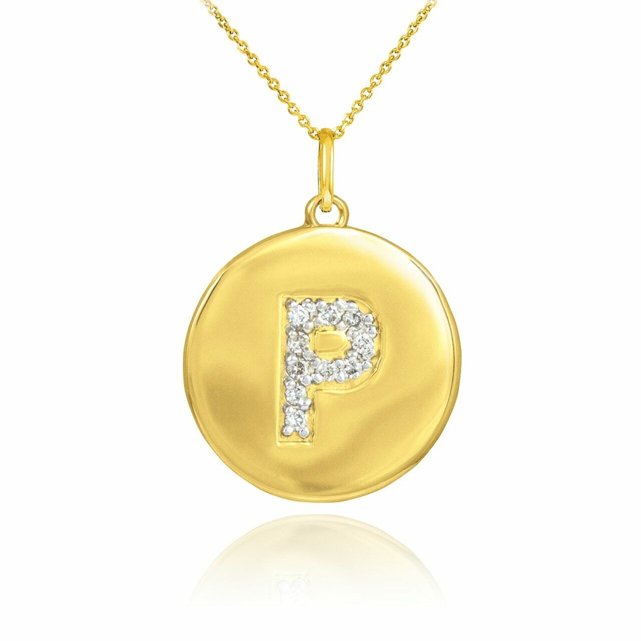 Solid 10k Yellow Gold Letter "P" Initial Diamond Disc Charm Pendant Necklace