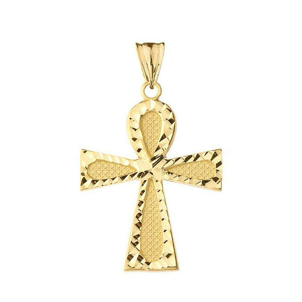 10k Solid Yellow Gold Sparkle Cut Ankh Cross Eternal Life Pendant Necklace