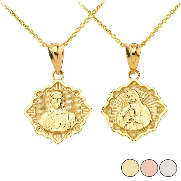 14K Solid Gold Reversible Virgin Mary and Jesus Christ Pendant Necklace