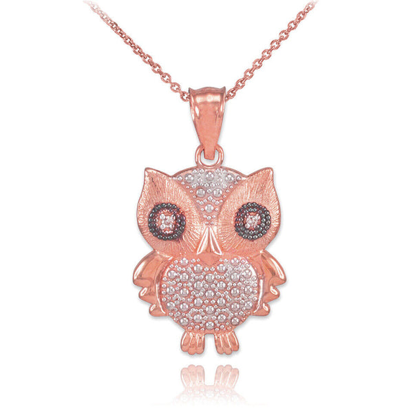 14K Solid Gold Owl Diamonds Pendant Necklace - Yellow, Rose, or White