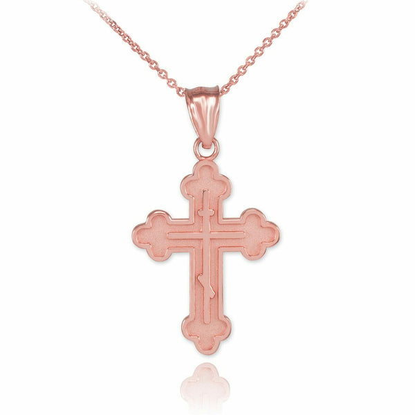 10k Solid Rose Gold Eastern Orthodox Christian Cross Charm Pendant Necklace