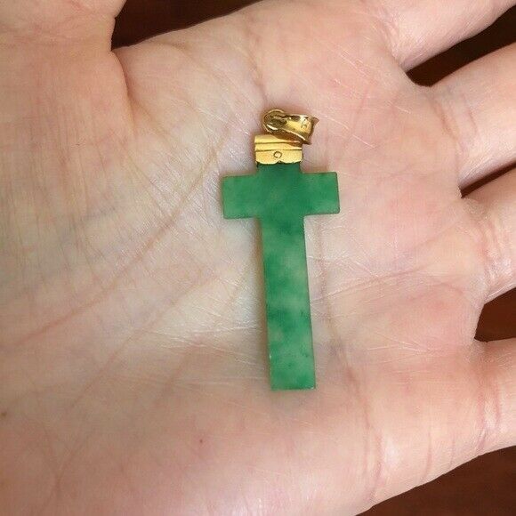 14K Solid Gold Green Jade Cross Pendant /Charm Dainty Necklace