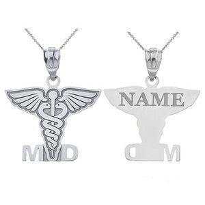 Personalized Engrave Name Silver Caduceus MD Medical Doctor Pendant Necklace