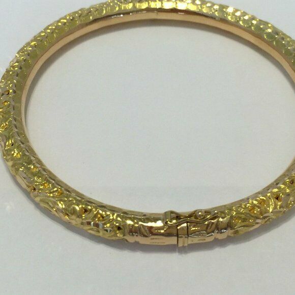 18K Real Fine Yellow Gold Engraved Dragon Phoenix Round Bangle Bracelet 58 mm