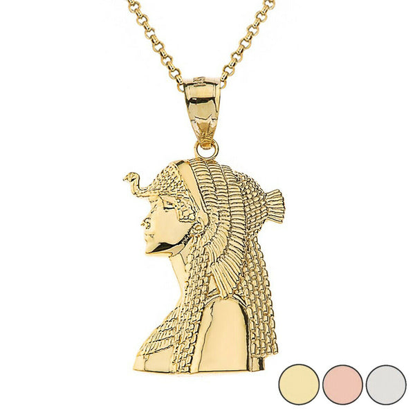 Solid 10k Yellow Gold Egyptian Queen Cleopatra Crown Pendant Necklace