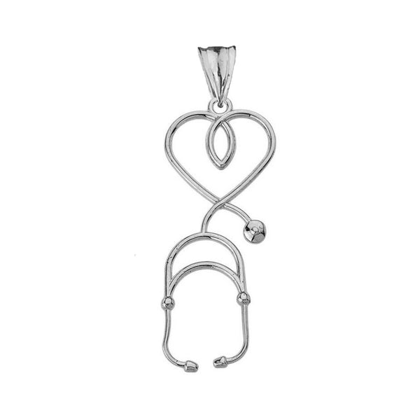 10k Solid White Gold Stethoscope Heart Pendant Necklace 16" 18" 20" 22"