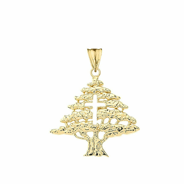 14k Solid Yellow Gold Lebanese Cedar Tree With Cut Out Cross Pendant Necklace